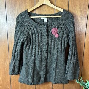 Vintage DKNY Jeans Women Cardigan Sweater Knit Flower Applique‎ Button Front